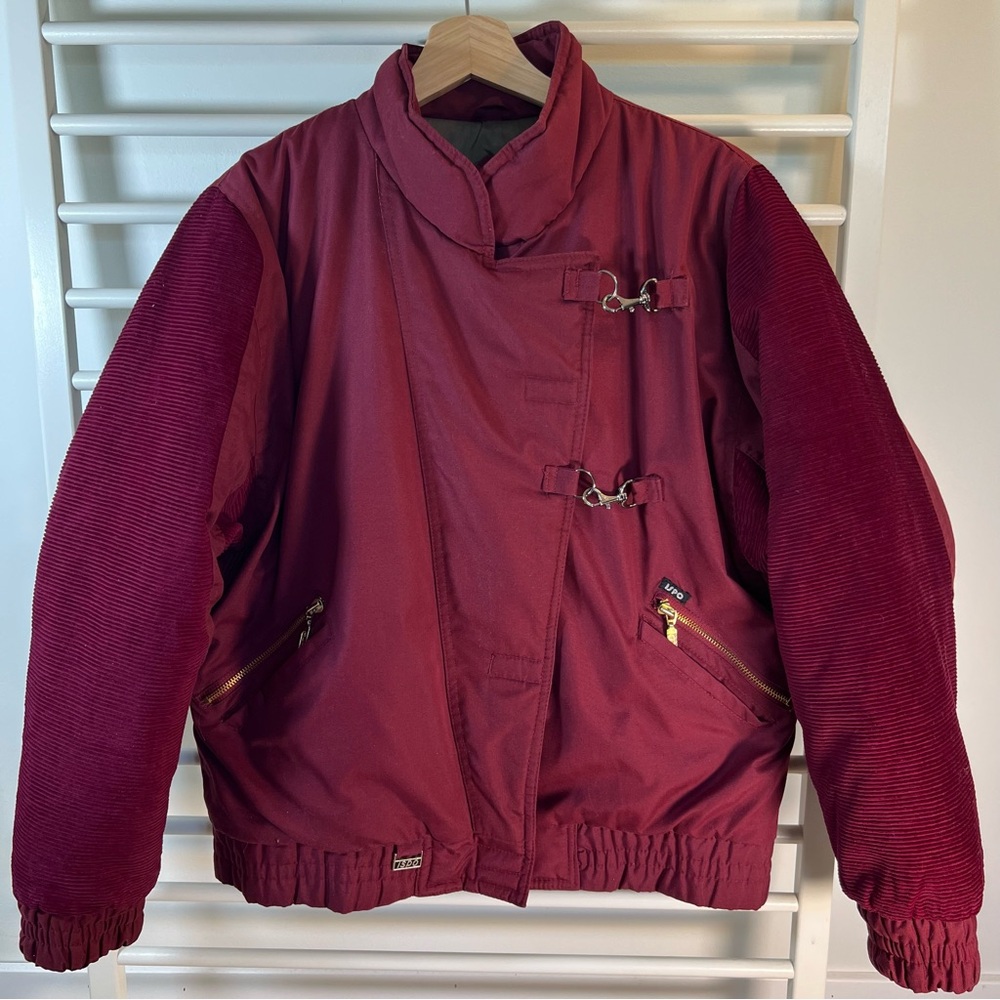 Vintage ISPO 90s Puffer Burgundy Jacket with Toggle Closures and Corduroy, Large